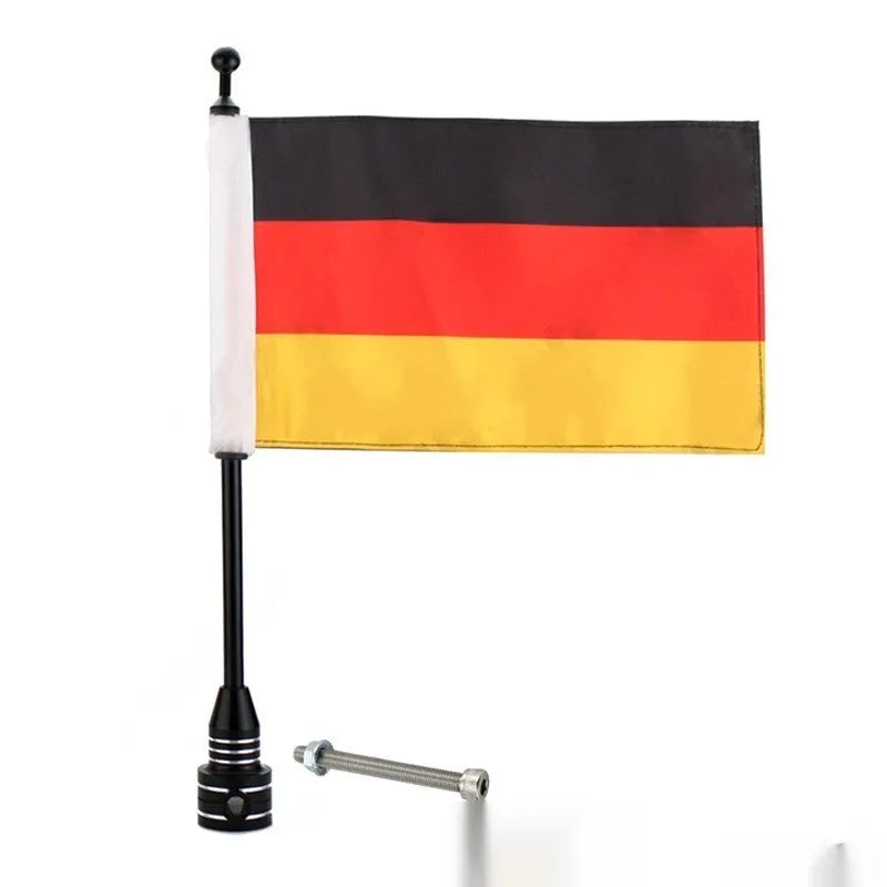 Side-mounted motorbike flagpole for luggage racks in black or silver electroplated finish