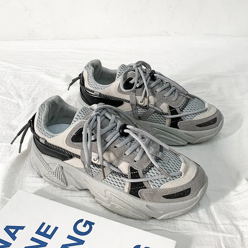 Men's Korean style platform sneakers with lace-up front and height-increasing sole in neutral colours