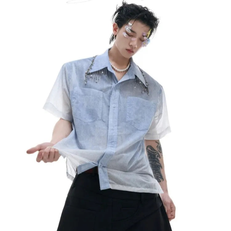 Blue and white gradient short sleeve shirt with loose fit summer design
