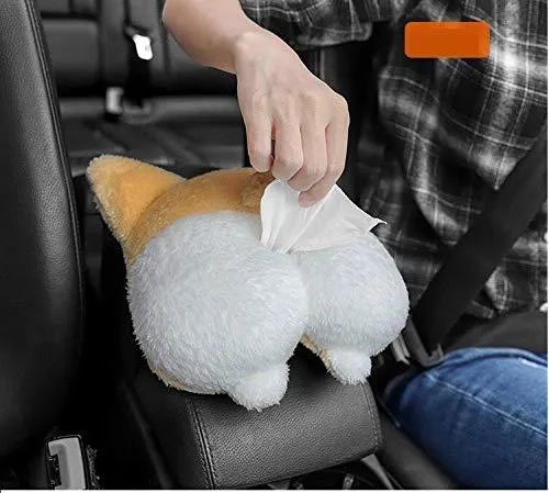 Yellow corgi butt-shaped polyester tissue box cover hanging on a car sun visor.