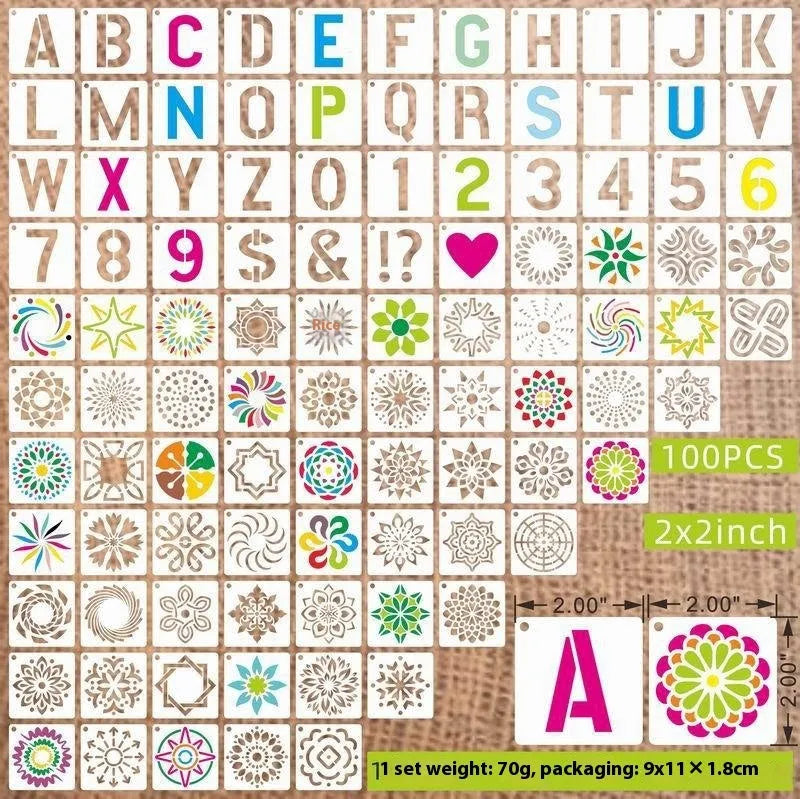 Milky white PET film hollow stencil sheets showing flower, animal, ocean, and letter designs for spray painting.