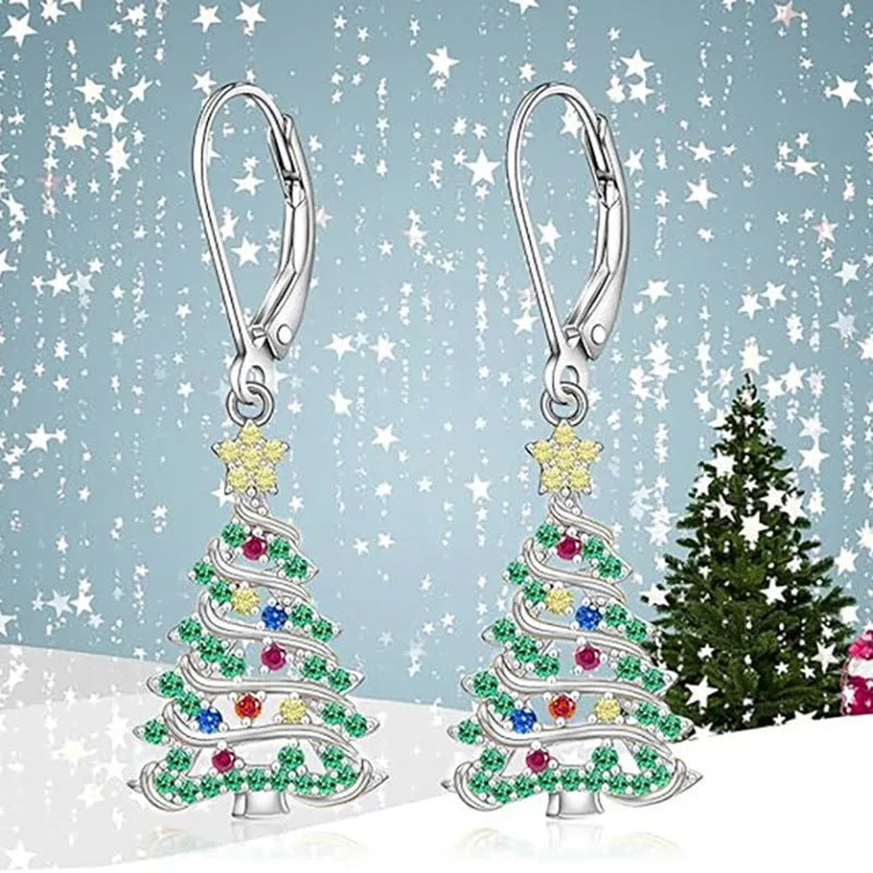 Women's Christmas tree earrings with star pendant in white gold colour finish
