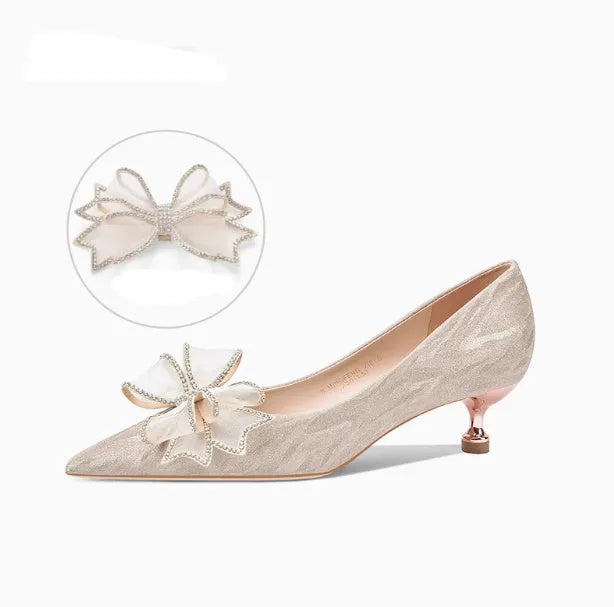 Champagne gold sequin stiletto high heel shoes with pointed toe for wedding banquets