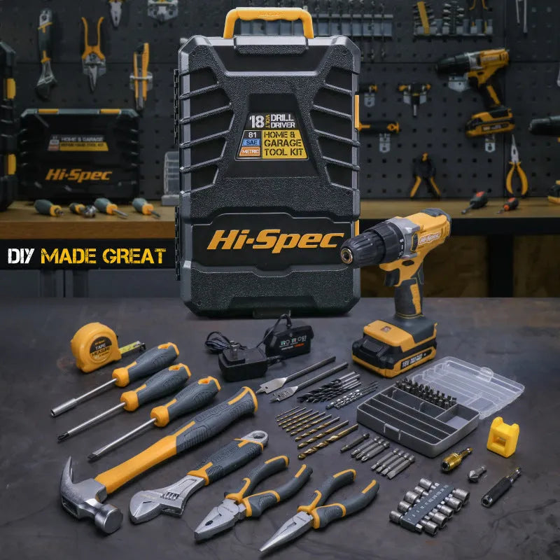 82-piece grey yellow hardware tool combo set for furniture installation with chrome-vanadium steel construction
