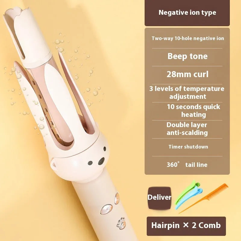 Beige anion automatic hair curler with hair stick accessory for lazy curly hair styling