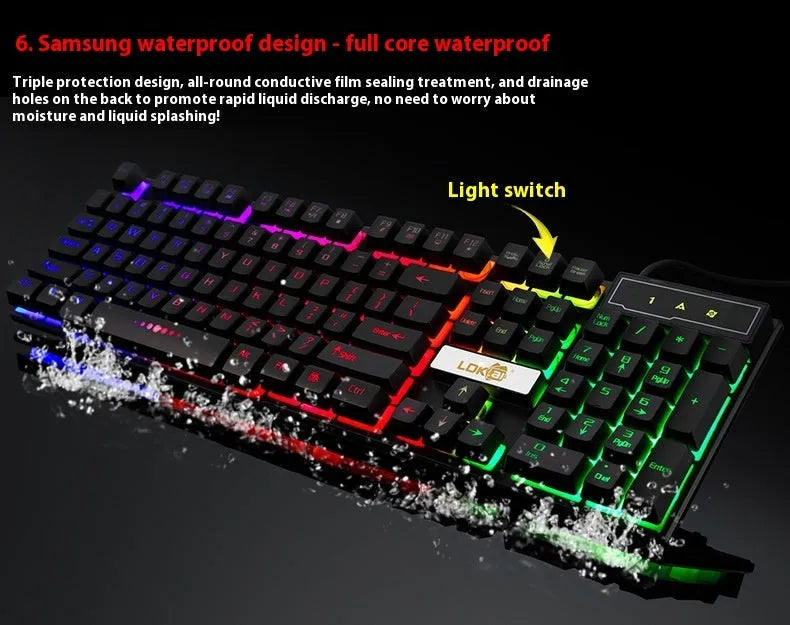 Mechanical gaming keyboard with RGB backlighting showing blue switches and braided USB cable