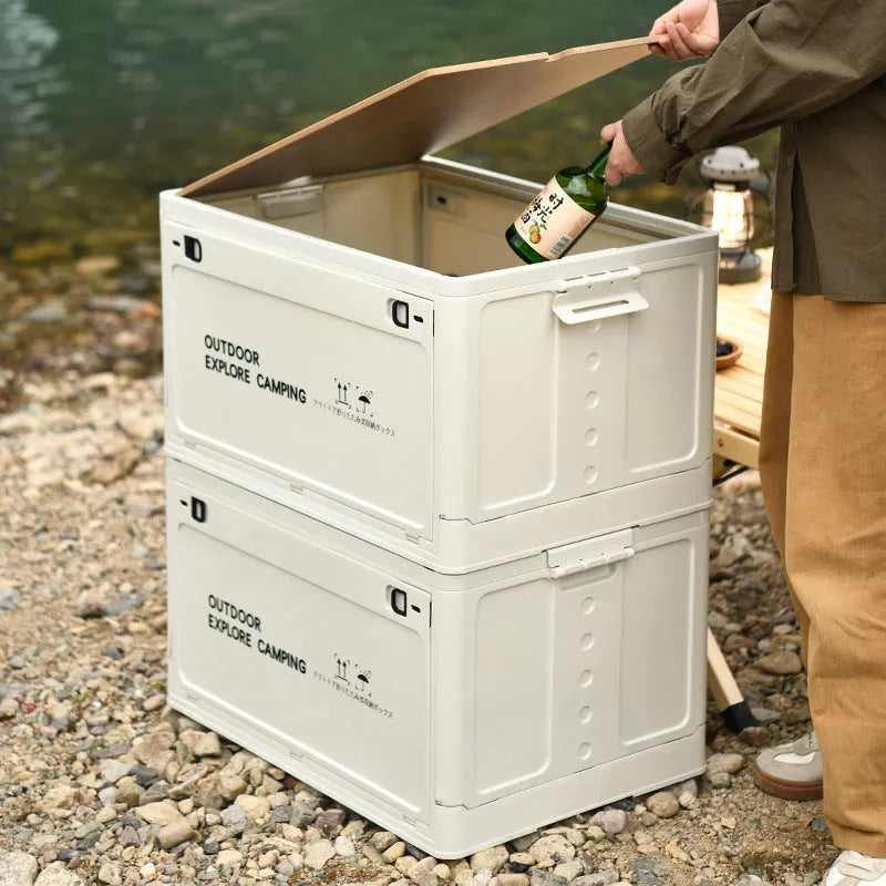 Large foldable plastic storage box in Nordic green colour with wooden lid
