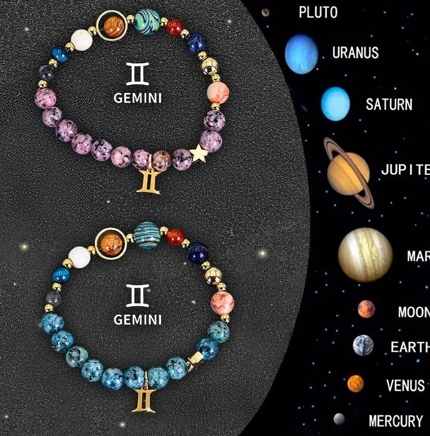 Set of two natural stone beaded bracelets with adjustable strings, showcasing zodiac constellation styles.
