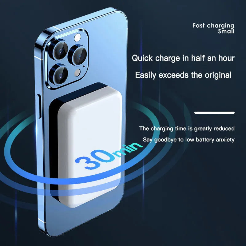 Pink, purple, and white magnetic wireless power bank showing compact 100x64x18mm size
