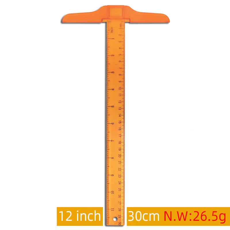 30cm transparent plastic T-shaped ruler with dual centimetre and British imperial measurement scales