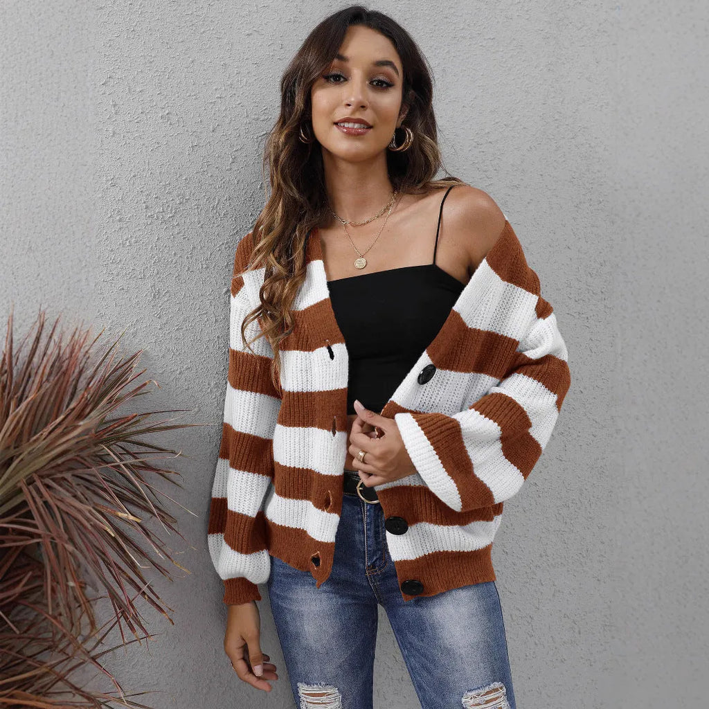 Women's striped cardigan with button stitching in deer plush polyester fabric, European American street fashion style