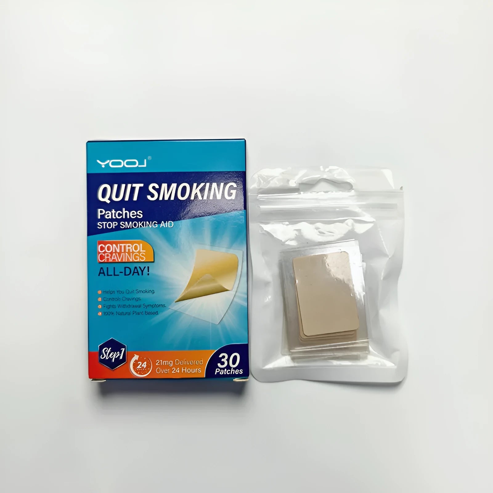 Box of 30 nicotine cessation patches with plant extract formula for men and women