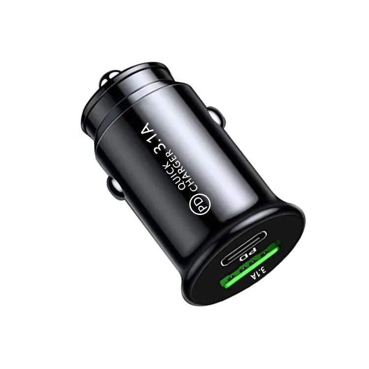 Dual port car charger converter in black or white bare metal with USB charging ports