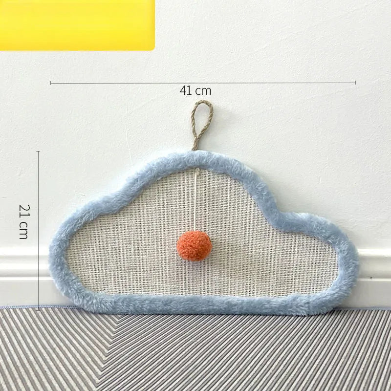 White cat scratching mat with sleeping cat cartoon design made from natural sisal fibres