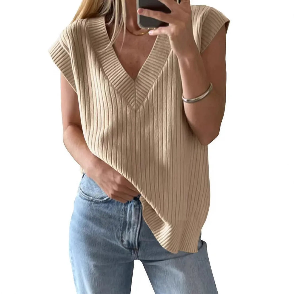 V-neck sleeveless pullover vest in camel viscose fibre with loose fit and fold detailing