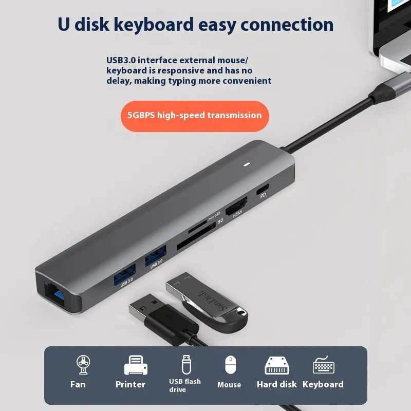 Black USB-C 7-in-1 computer hub with HDMI, USB ports and memory card slots
