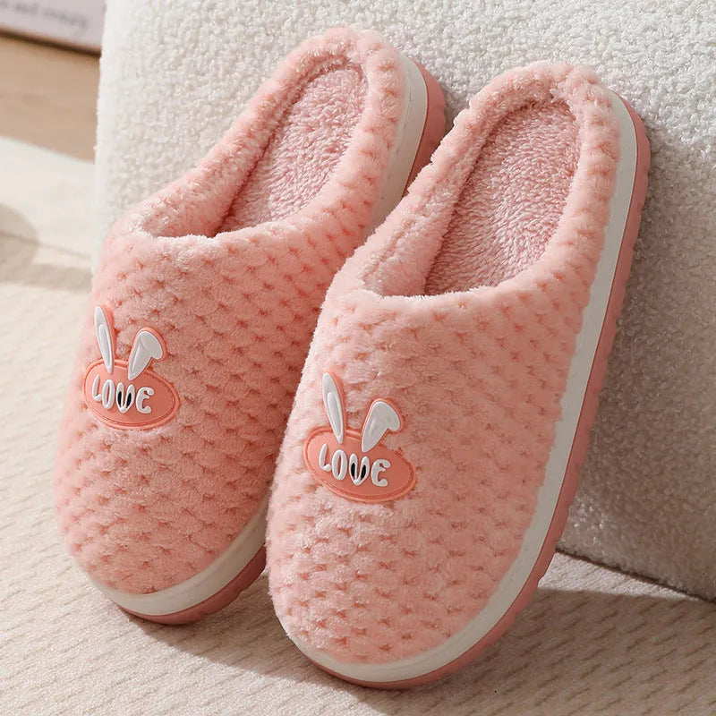 Women's rabbit plaid cotton house slippers with a thick rubber sole, shown in apricot colour.