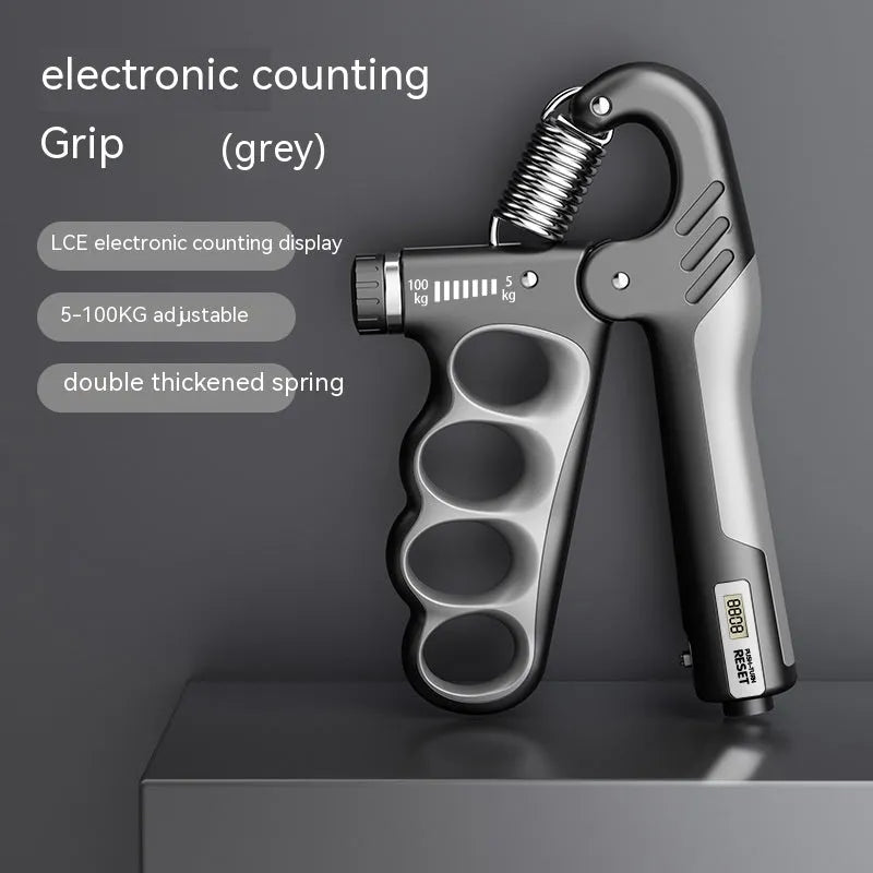 Adjustable electronic count spring grip hand exerciser with a digital counter display.
