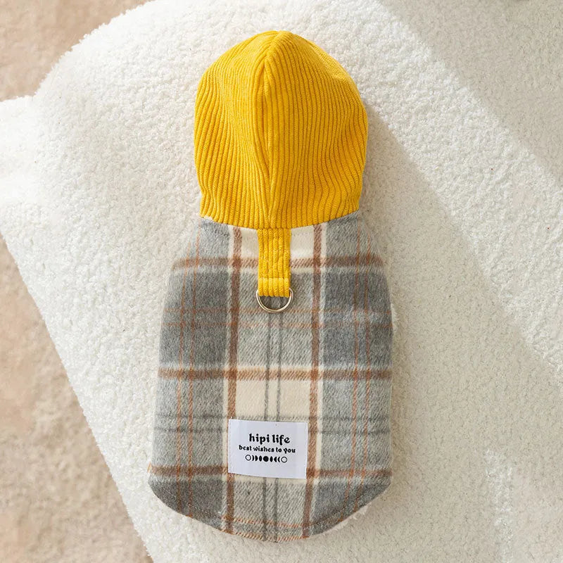 Blue corduroy chessboard grid hooded vest for dog on autumn background
