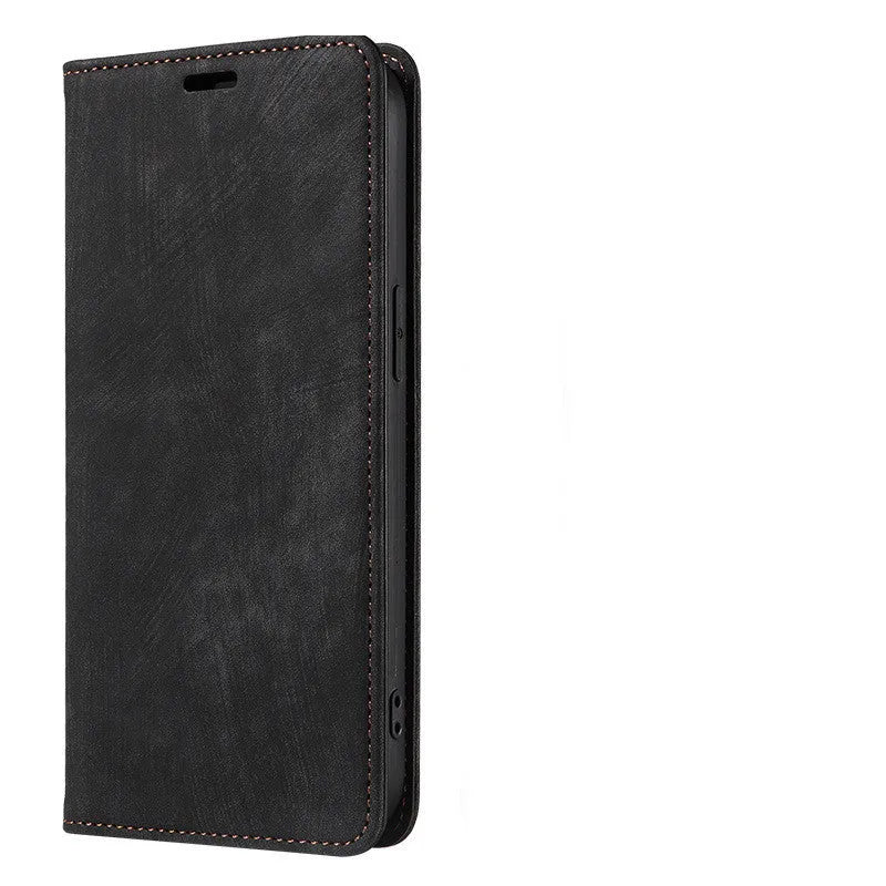 Magnetic flip leather phone case for iPhone shown in grey colour, displaying front cover closed.
