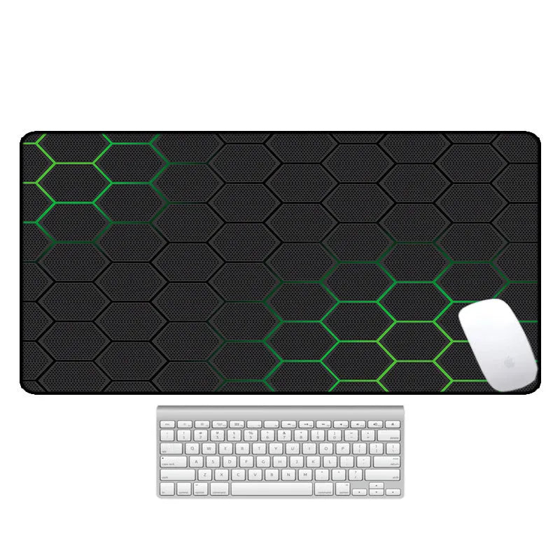 Large rectangular desk pad with printed pattern, natural rubber non-slip base, for computer mouse and keyboard.