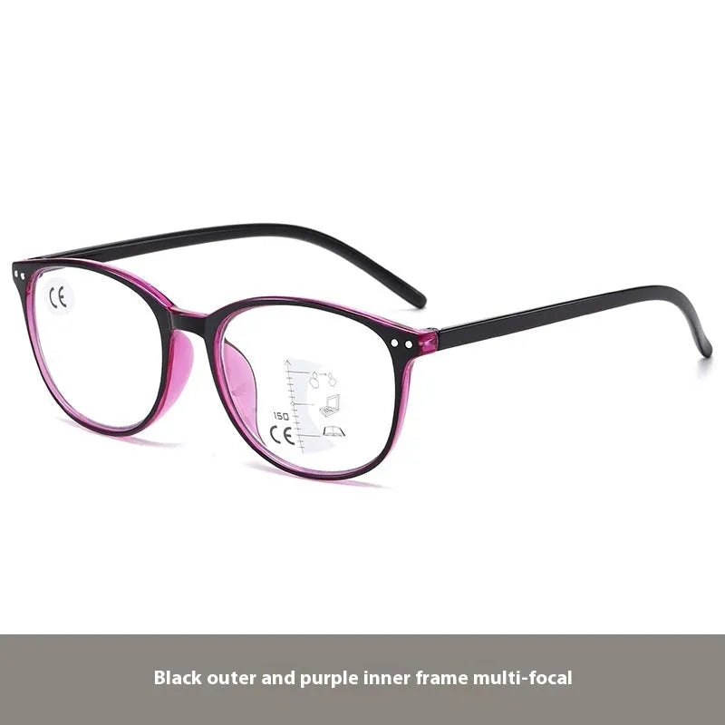A pair of women's ultra-light multi-focus presbyopic glasses with a choice of frame colours on a plain background.