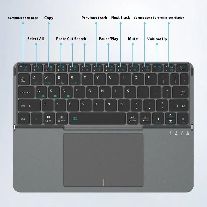 Grey Bluetooth folding keyboard for mobile phones and tablets in folded position