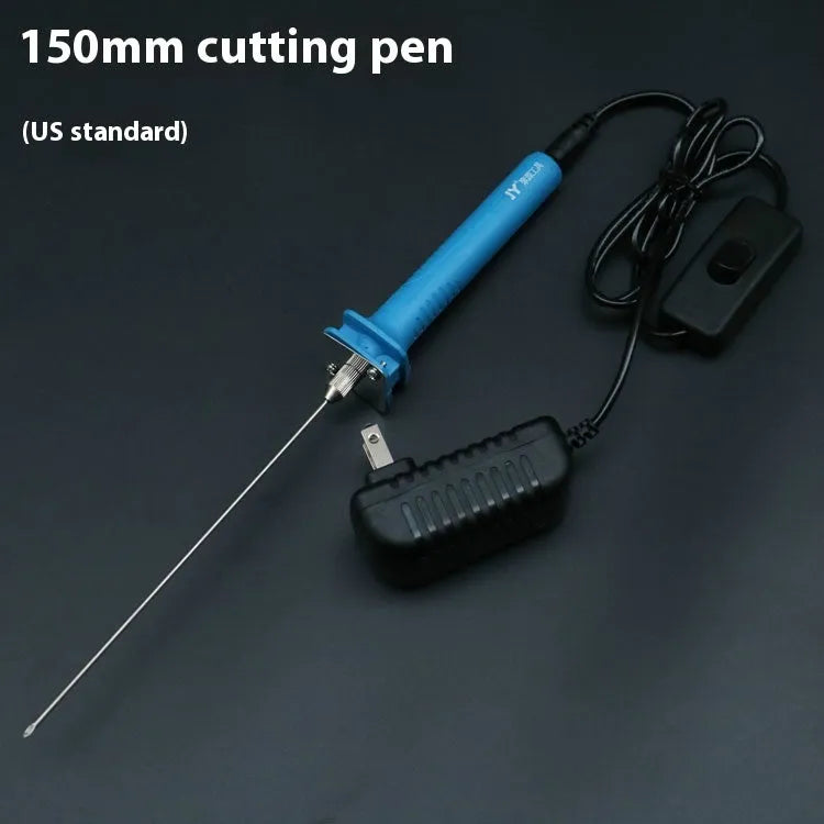 Blue plastic-handled electric heating cutter pen with adapter for cutting foam and polystyrene.