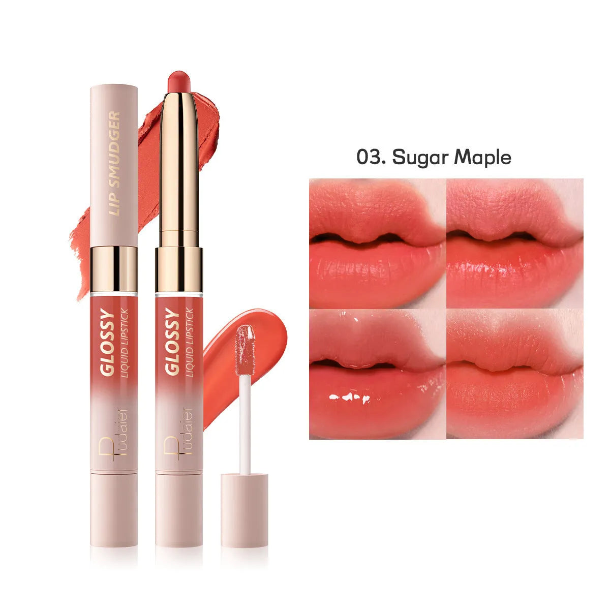 Double-headed lipstick and lip gloss product showing matte and glossy ends in one of ten available colours