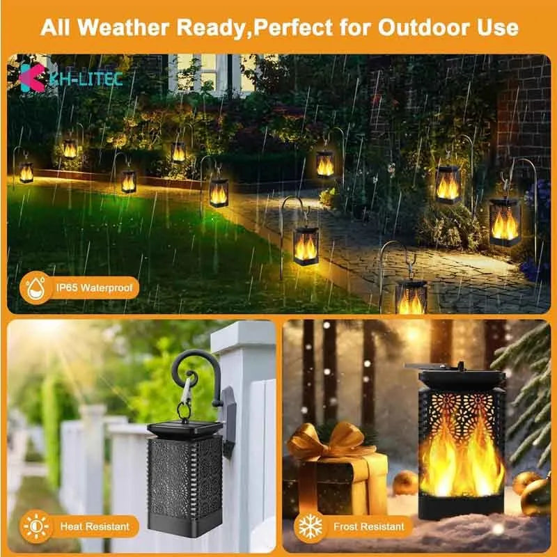 Black solar-powered hanging lantern with flickering LED flame light effect for garden decoration.