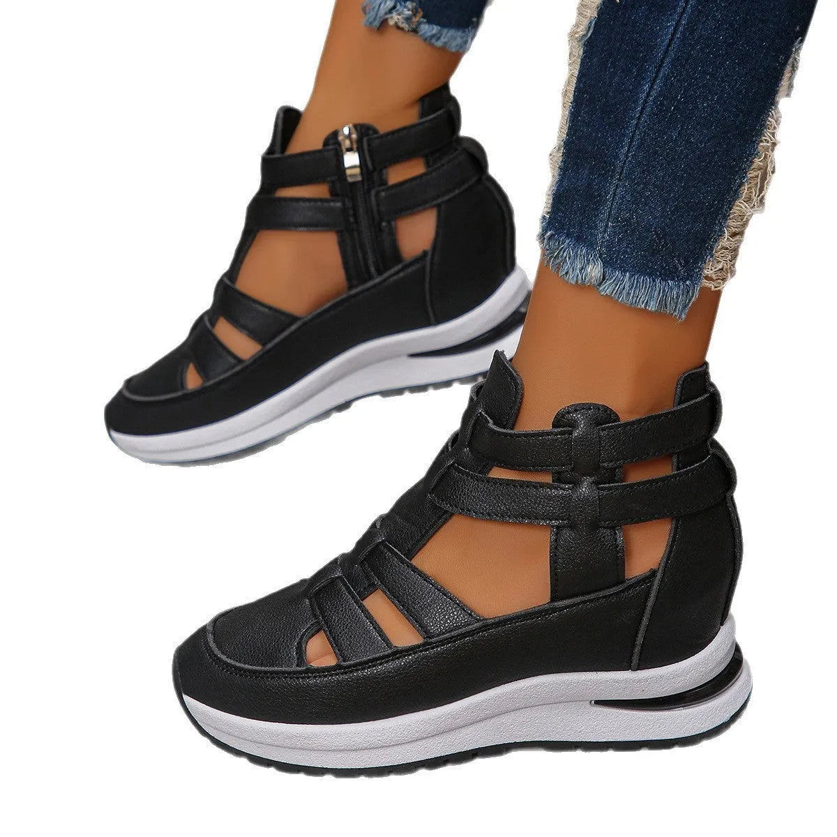 Women's black platform sandals with hollow-out design and velcro strap