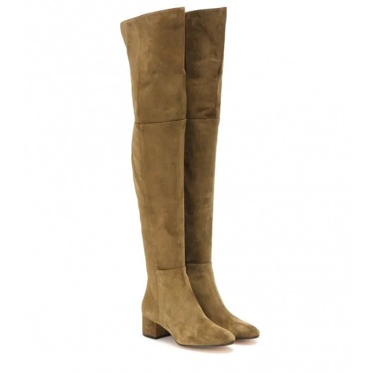 Grey suede women's over-the-knee flat boots with pointed toe and low thick heel