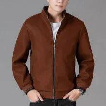 A grey men's sporty fleece jacket with long sleeves and a stick pocket, shown on a hanger.