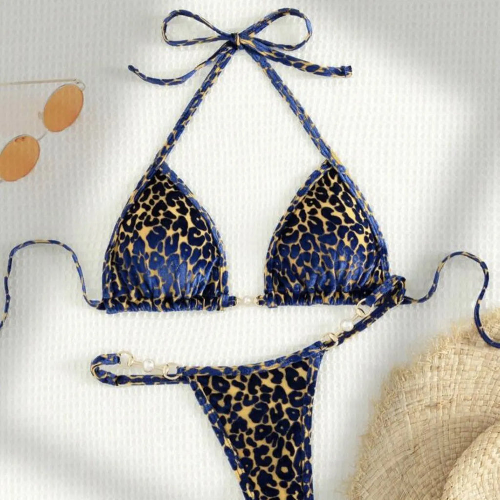 Women's blue leopard print T-shaped polyester bikini set for swimming