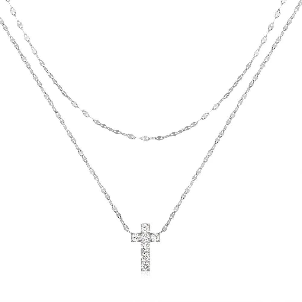 S925 sterling silver double layer twin diamond cross pendant on a clavicle chain.