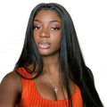 Long straight black women's wig with centre-parted bangs in European American style