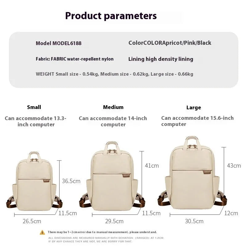 Nylon women's travel backpack in apricot colour showing front pockets and laptop compartment.