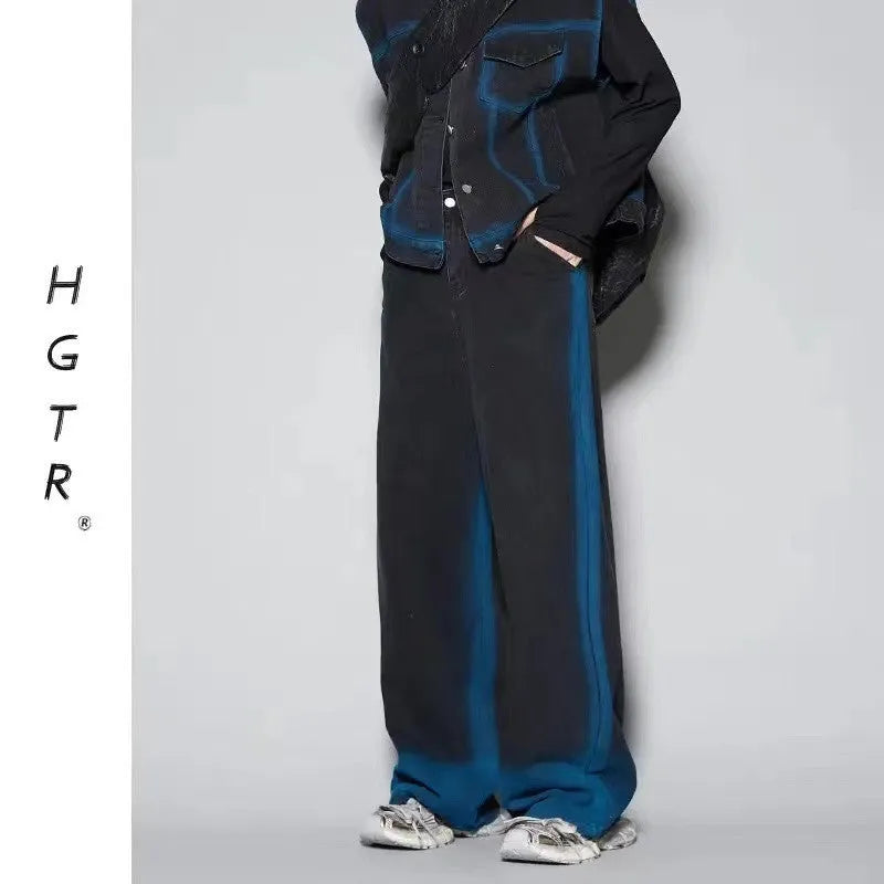 Distressed denim vest and jeans two-piece suit with gradient spray colour effect