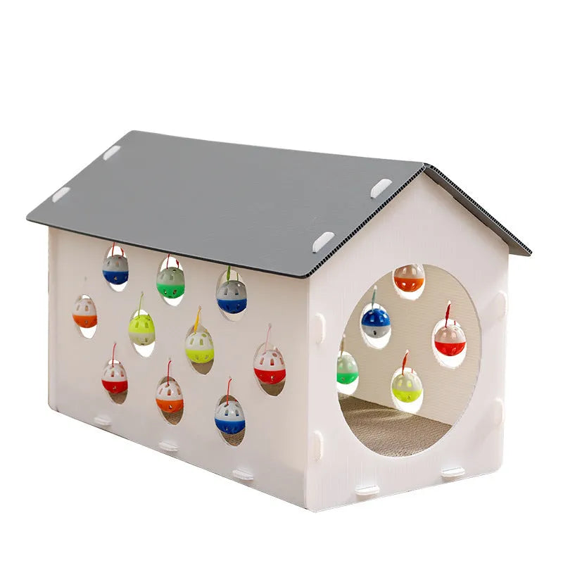 Integrated cat scratch board and nest toy with tunnel and bell ball for house cats