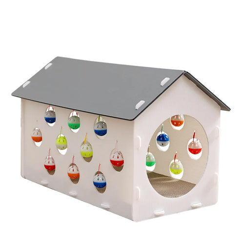 Integrated cat scratch board and nest toy with tunnel and bell ball for house cats