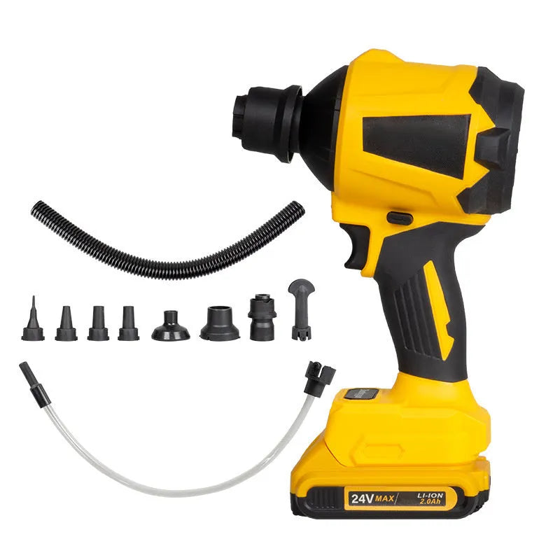 Yellow rechargeable lithium battery dust gun with adjustable power settings on a workbench.