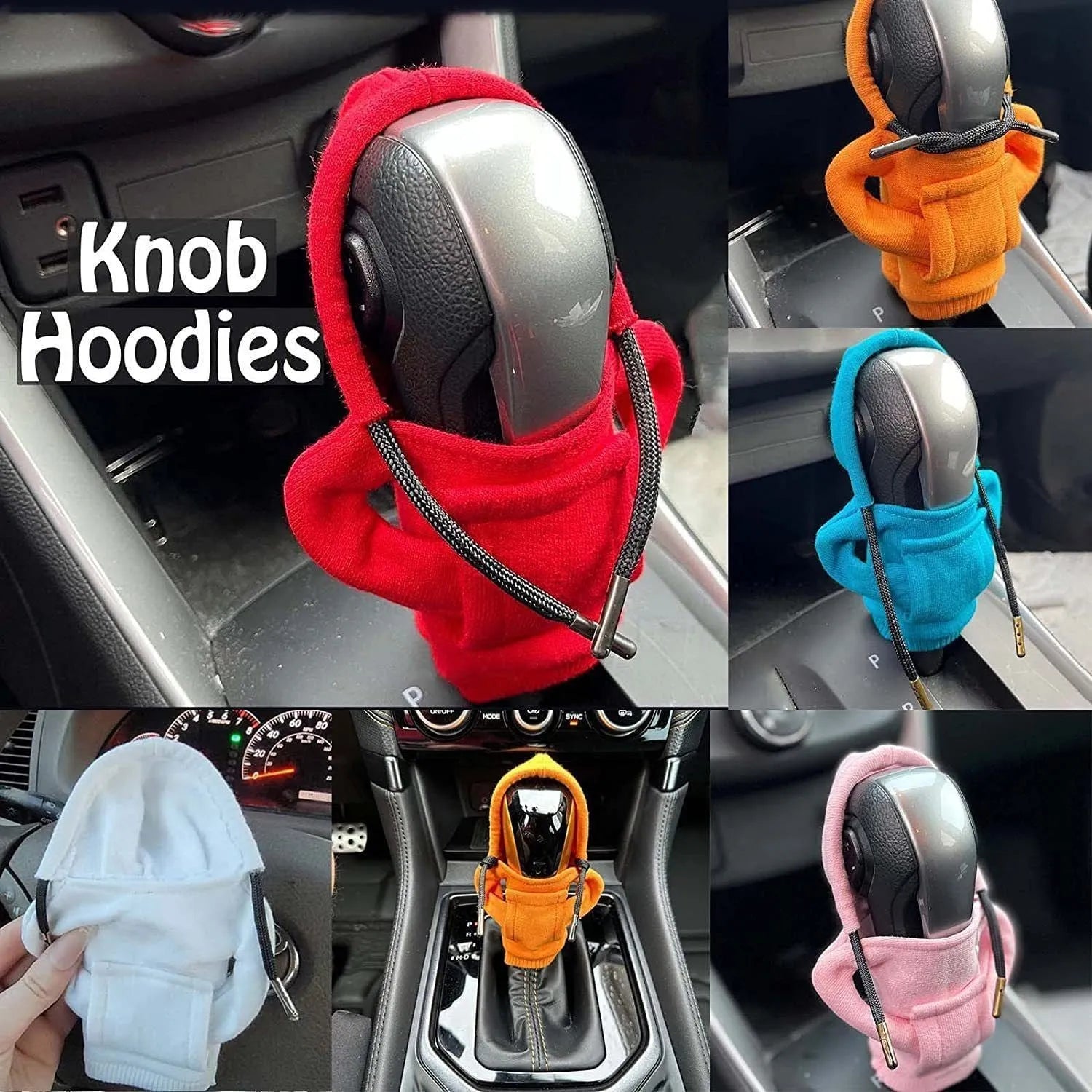 Blue cloth gear shift knob hoodie cover on a car gear lever