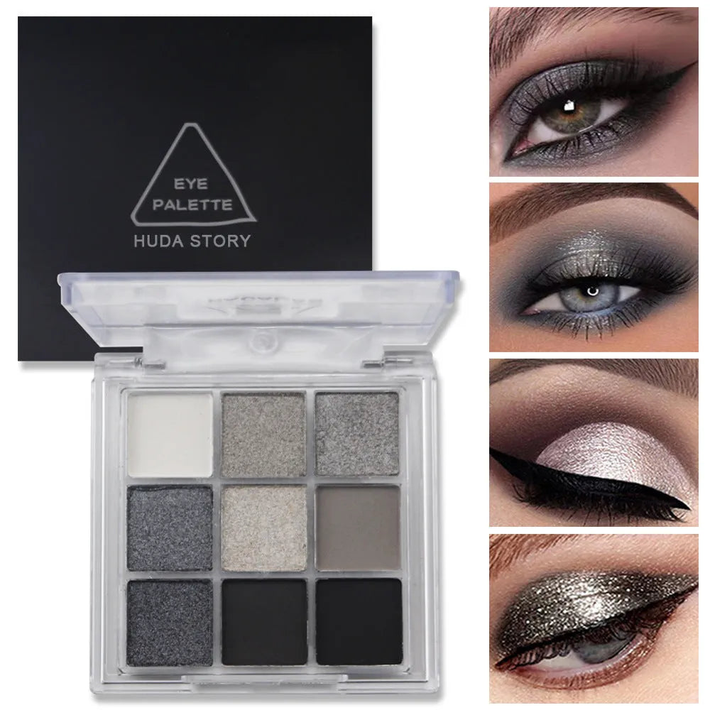 CZ0069 nine-colour smoked eyeshadow palette showing white silver black iron grey shades
