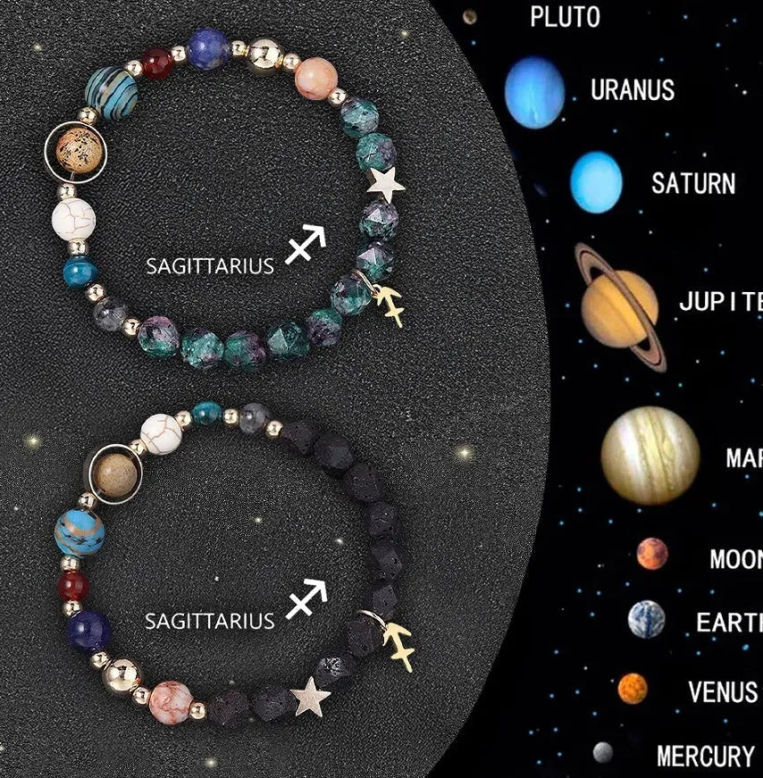 Two natural stone beaded bracelets with zodiac sign charms, representing a 12-style astrology set.