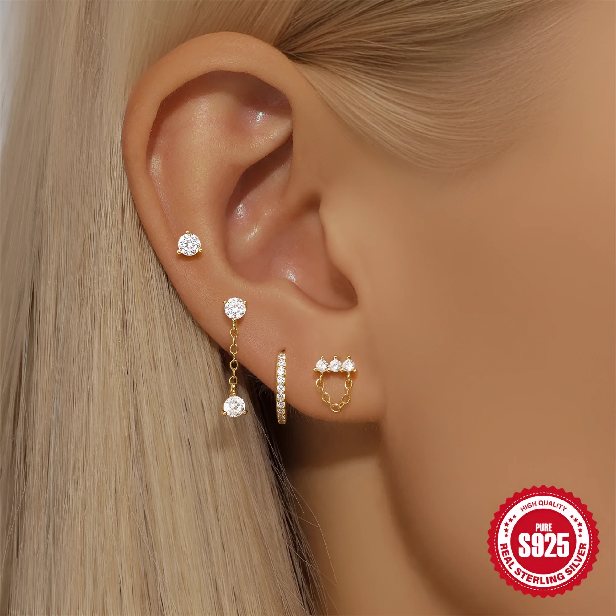 S925 sterling silver clover petal earrings with electroplated gold finish and geometric simple style for women