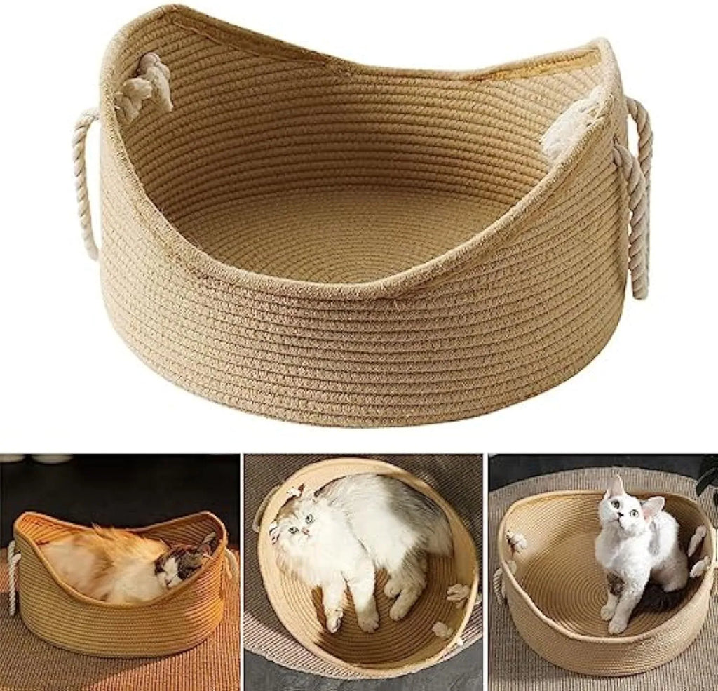 A rectangular wicker cat bed basket with a corrugated cardboard scratching surface on its side.