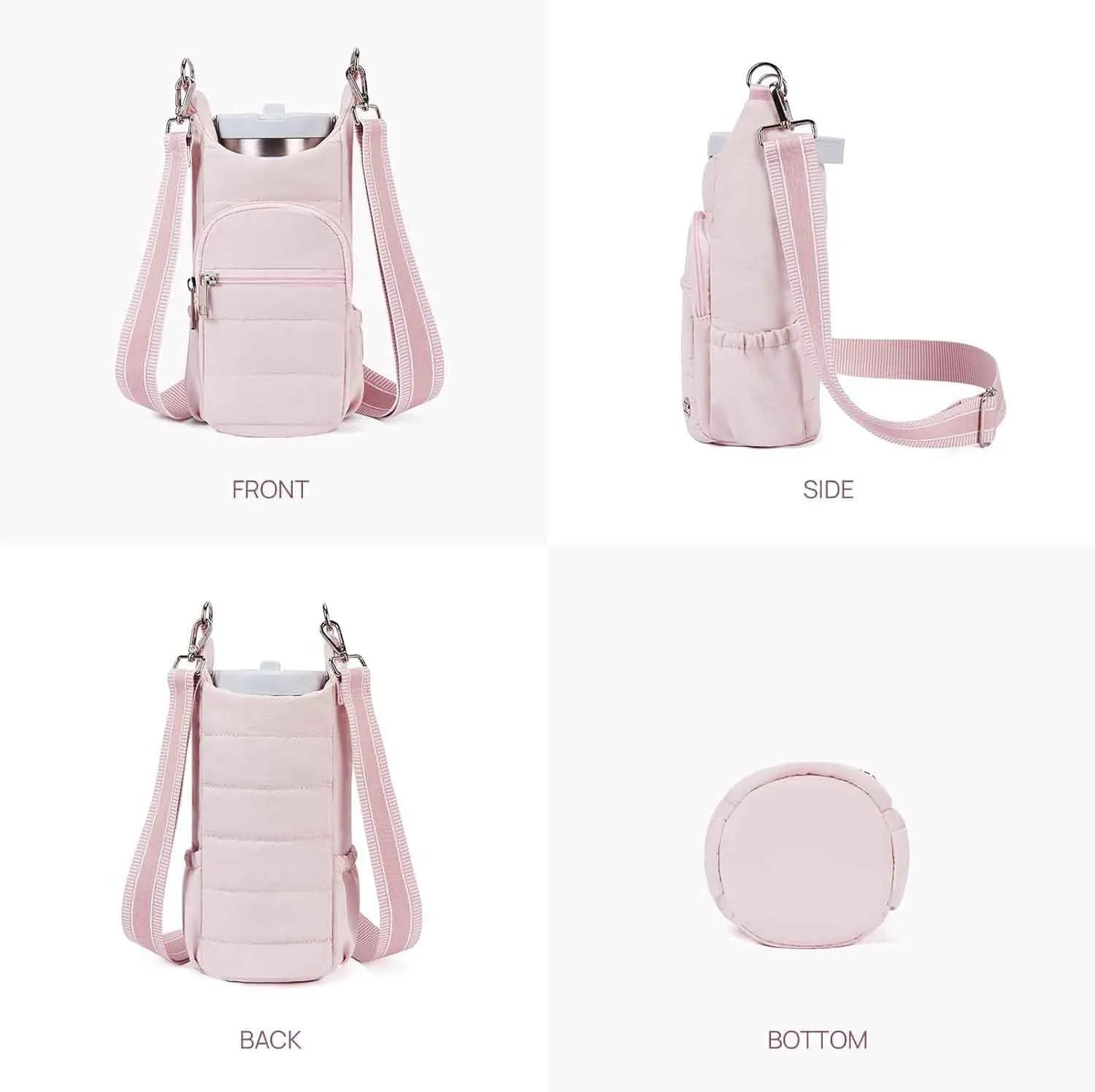 Cloth water bottle bag for bicycles in beige, black, or pink colours.