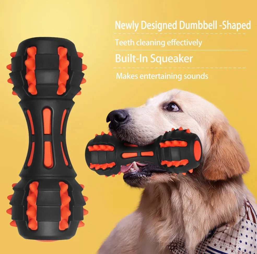 Red dumbbell-shaped dog chew toy with natural rubber construction and squeaker for medium large breeds