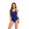 Ladies solid colour one-piece swimsuit with backless mesh design in black or blue.