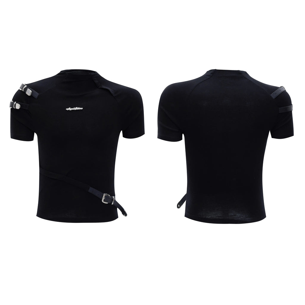 Men's black slim fit short sleeve t-shirt with a stand-up collar and metal belt design detail.